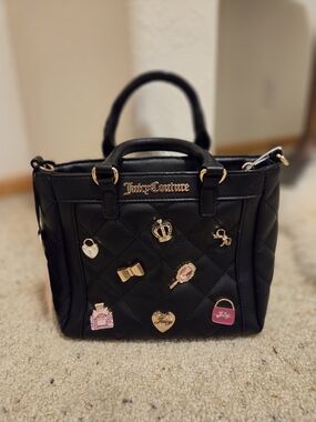 Juicy Couture Black Quilted Satchel with Gold & Pink Charm Accents